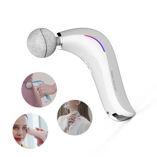 Woman using mini massage gun on shoulder and face for stress relief and circulation boost