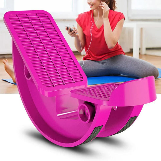 Blue ergonomic rocker stretch board showing curved design and non-slip textured foot surface