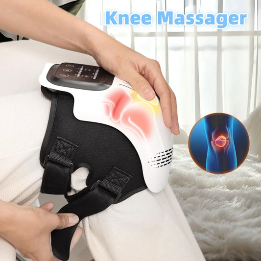Smart Infrared Heating Knee Massager device showing LED display and heat therapy illustration