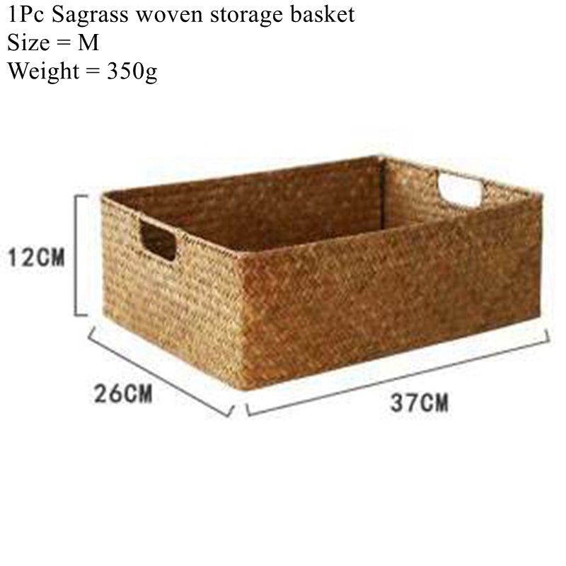 Sagrass woven storage basket with dimensions and weight information on a white background