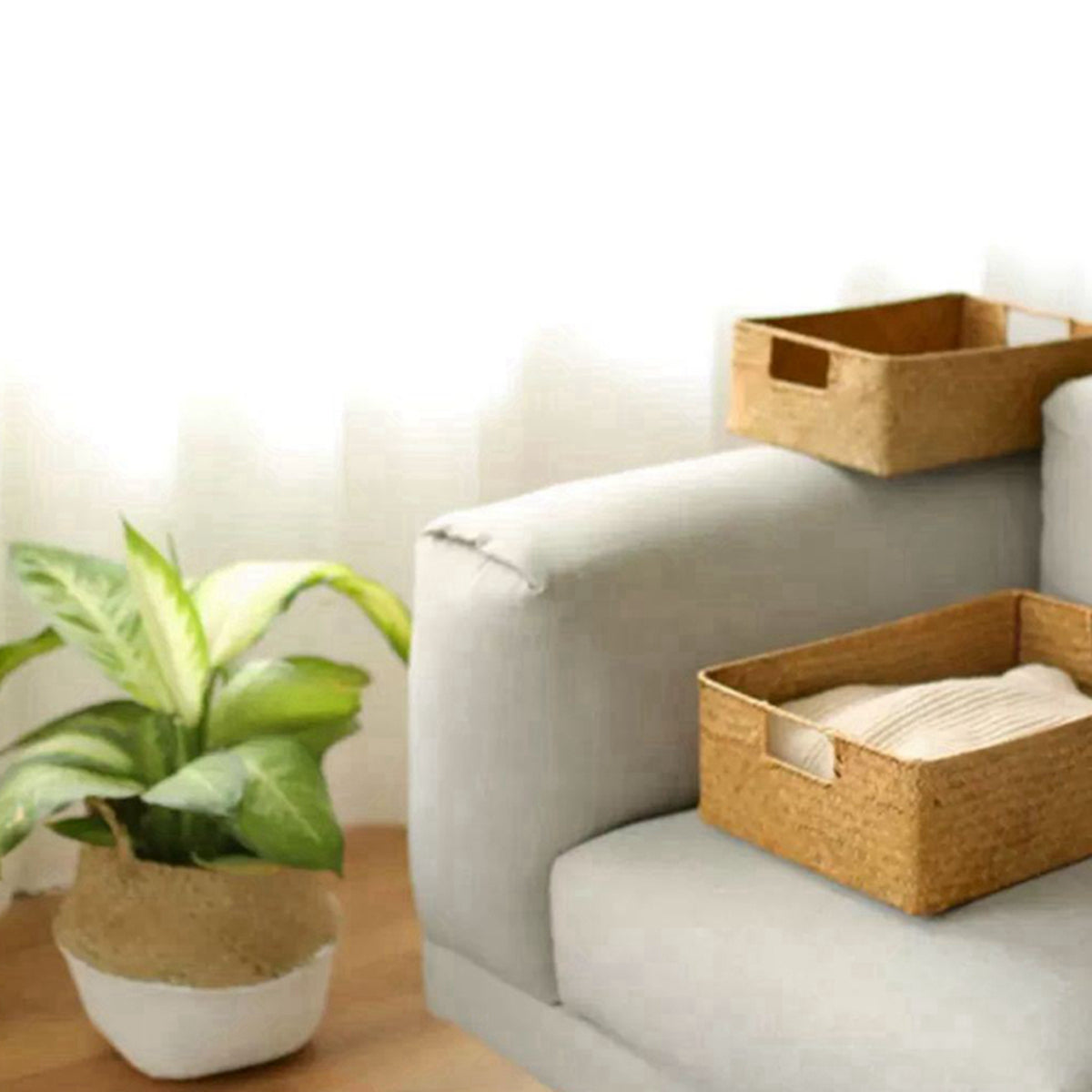 Light gray sofa with woven baskets and a plant in a room.