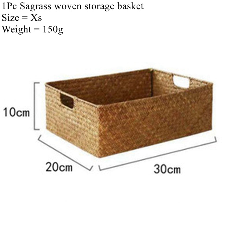 Sagrass woven storage basket with dimensions and weight on a white background
