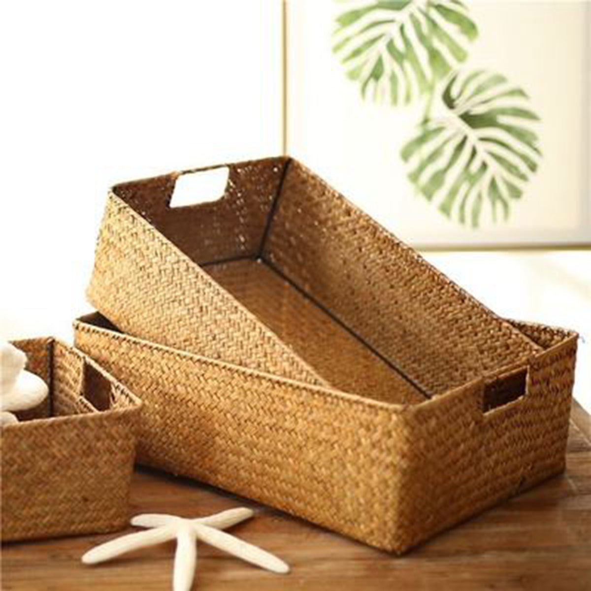 Woven storage baskets on a wooden surface with a decorative plant in the background