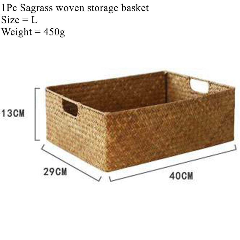 Sagrass woven storage basket with dimensions and weight on a white background