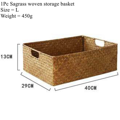 Sagrass woven storage basket with dimensions and weight on a white background