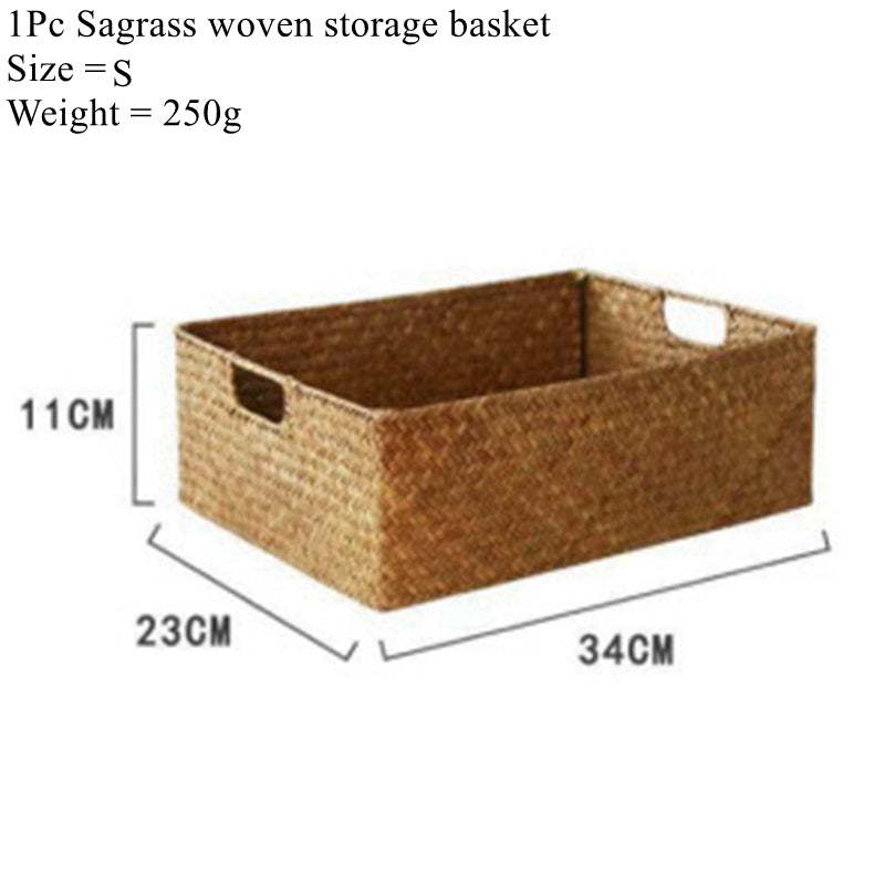Sagrass woven storage basket with dimensions and weight on a white background