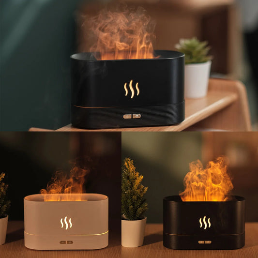 Black flame essential oil diffuser with LED fire effect and cool mist on a wooden surface, home wellness and aromatherapy setup
